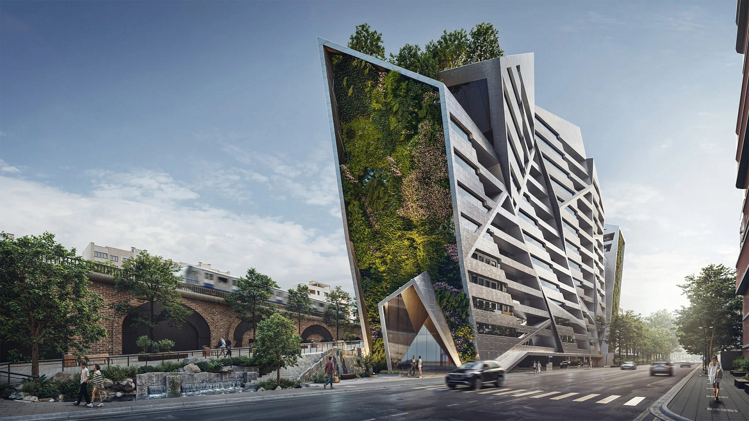 Studio Libeskind представляет многофункциональное здание с угловатыми фасадами, покрытыми растениями