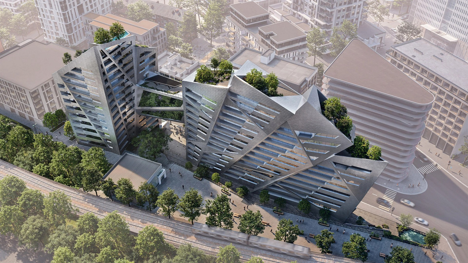 Studio Libeskind представляет многофункциональное здание с угловатыми фасадами, покрытыми растениями